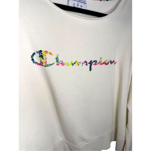 Champion Women’s Large Campus French Terry Crew Neck Sweatshirt Cream Relaxed - Picture 4 of 7